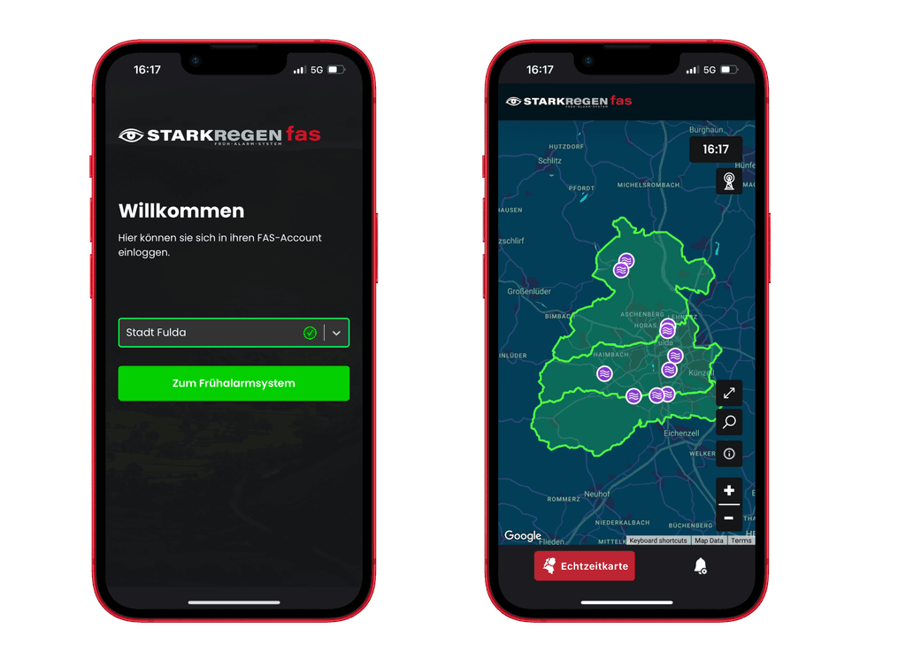Starkregen-App: Login-Bildschirm und Echtzeitkarte mit Sensorstandorten